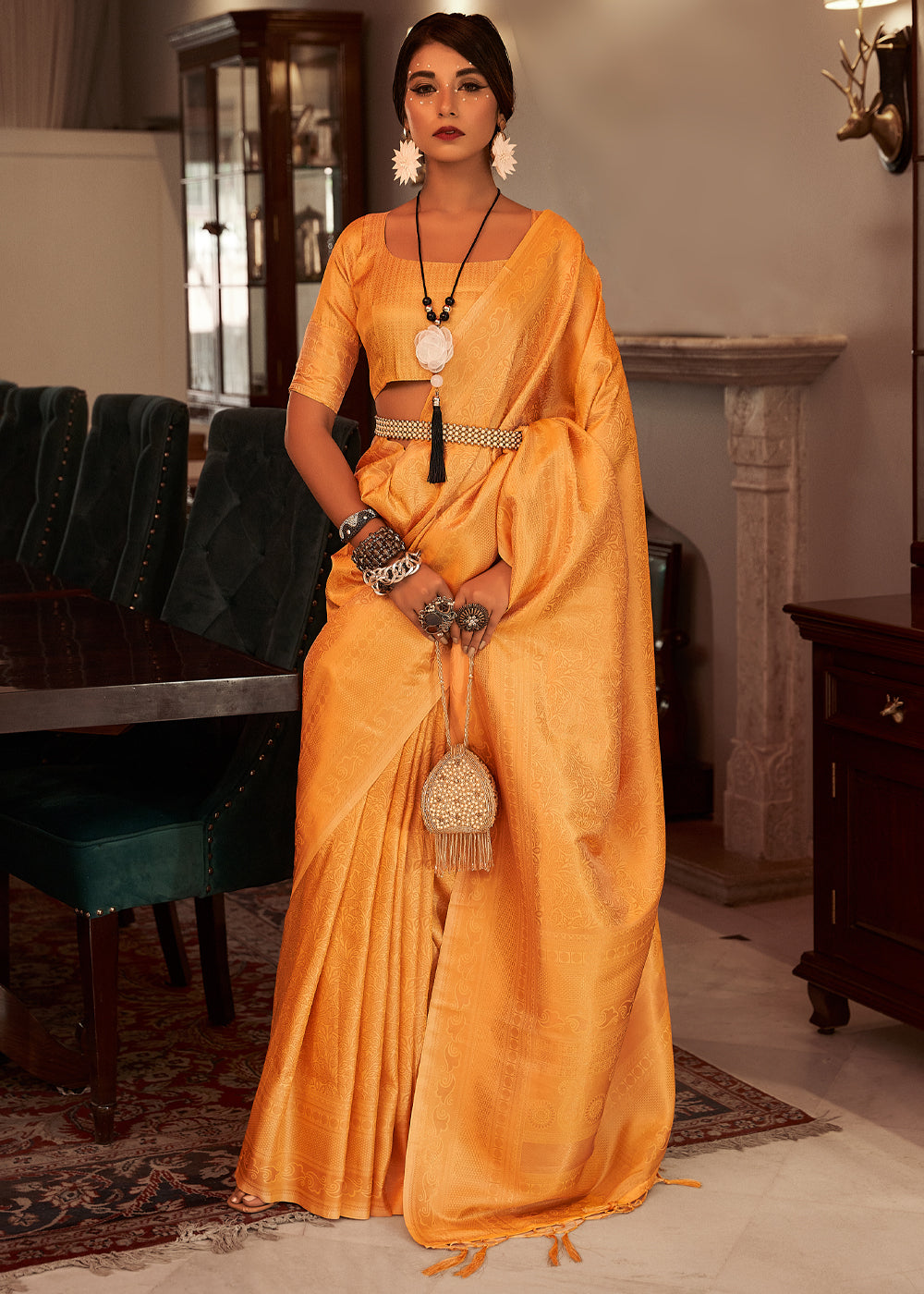 Koromiko Orange Woven Kanjivaram Silk Saree