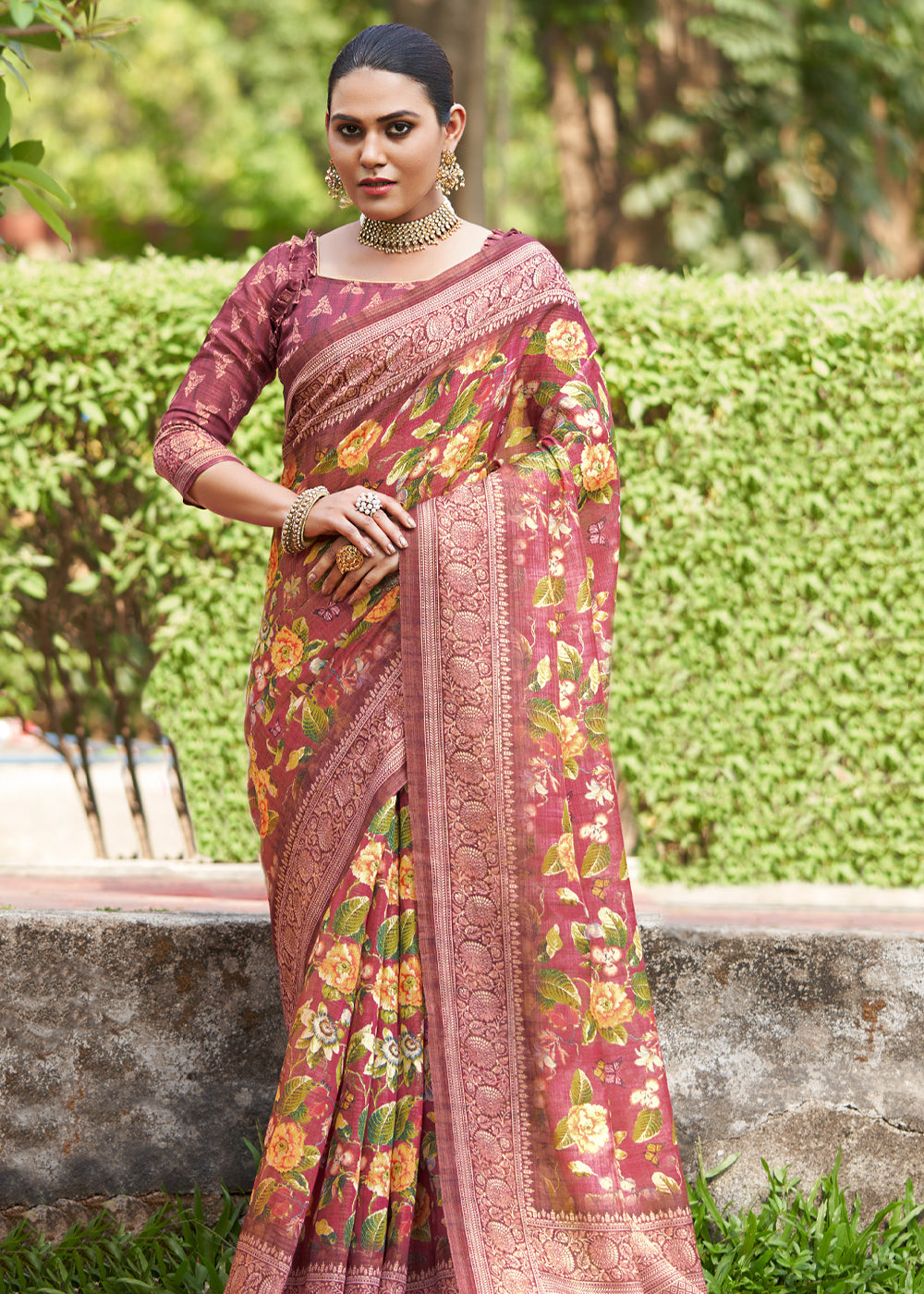 Contessa Maroon Linen Kalamkari Digital Print Saree