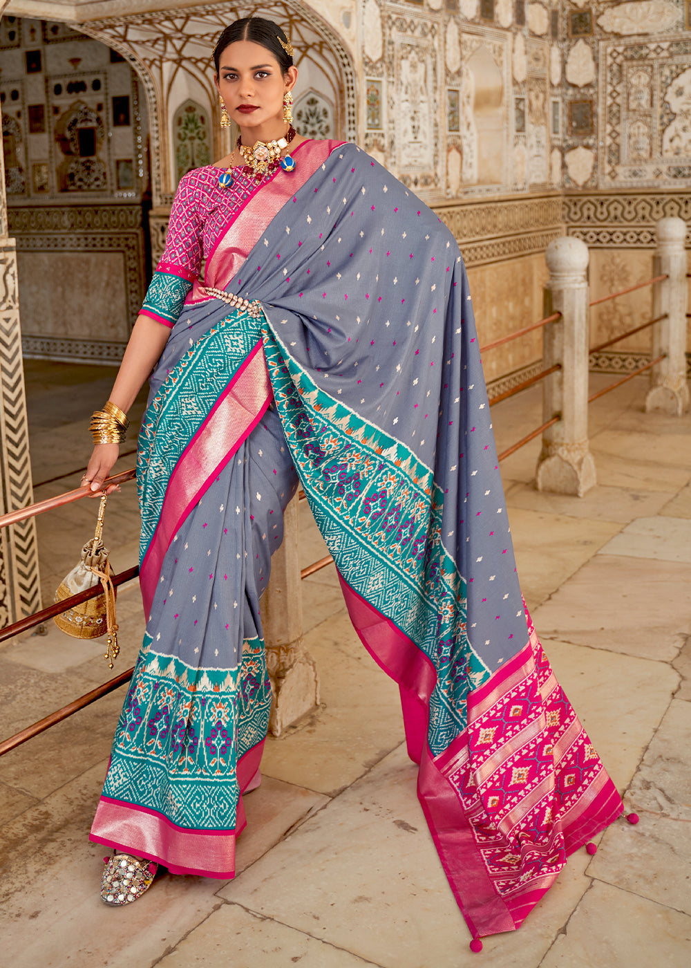 Waterloo Blue and Pink Cotton Patola Printed Saree