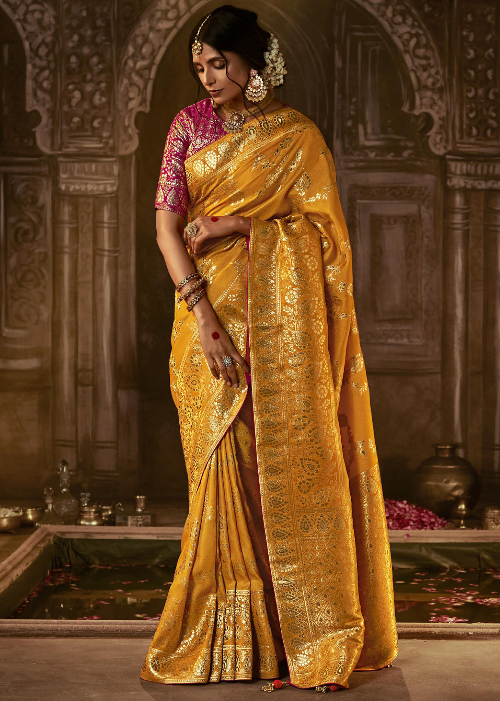 Reno Sand Yellow Woven Designer Banarasi Silk Saree