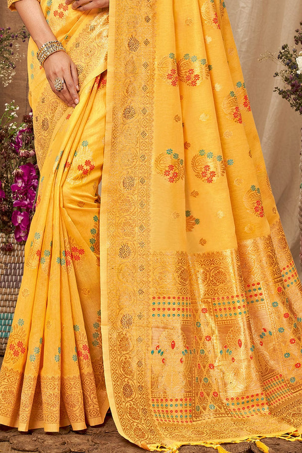 Sunglow Yellow Cotton Saree