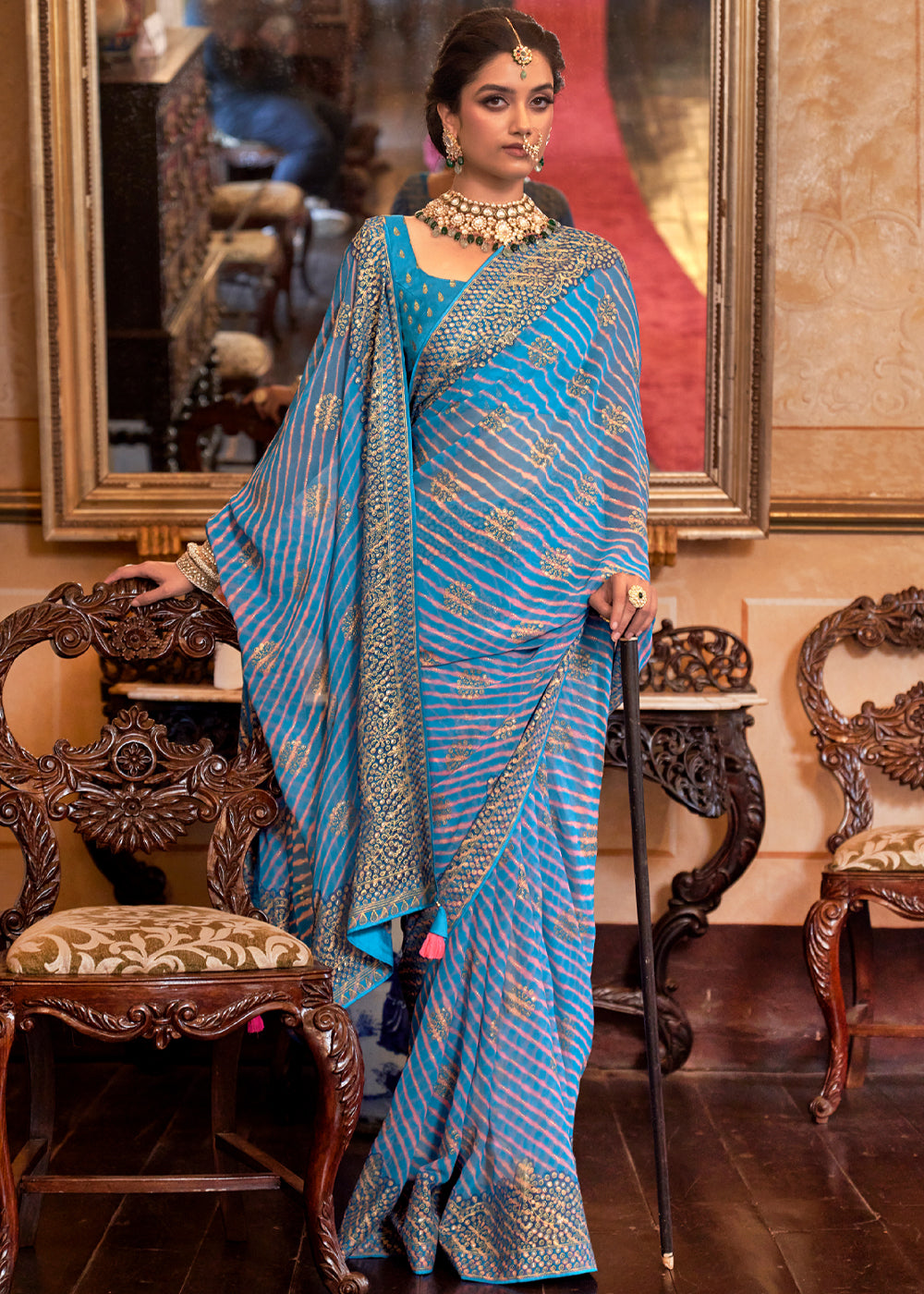 Jelly Bean Blue Lehariya Georgette Silk Saree