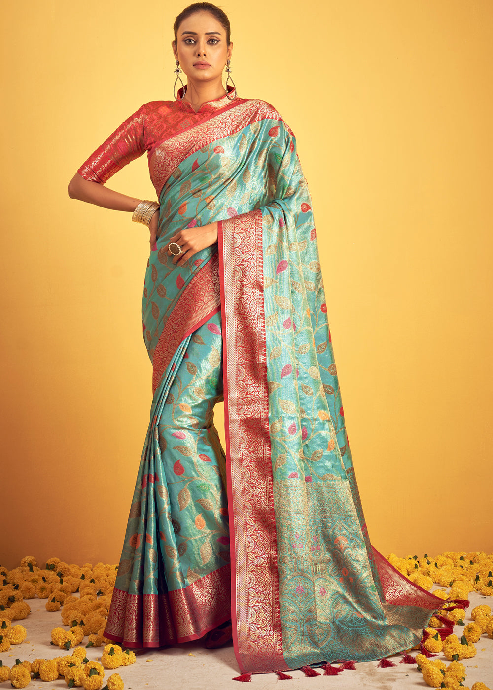 Acapulco Blue Woven Banarasi Brocade Silk Saree