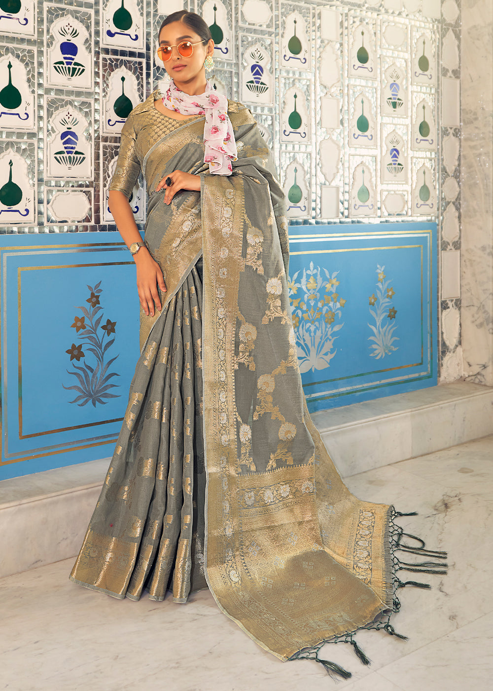 Olive Haze Grey Zari Woven Linen Silk Saree