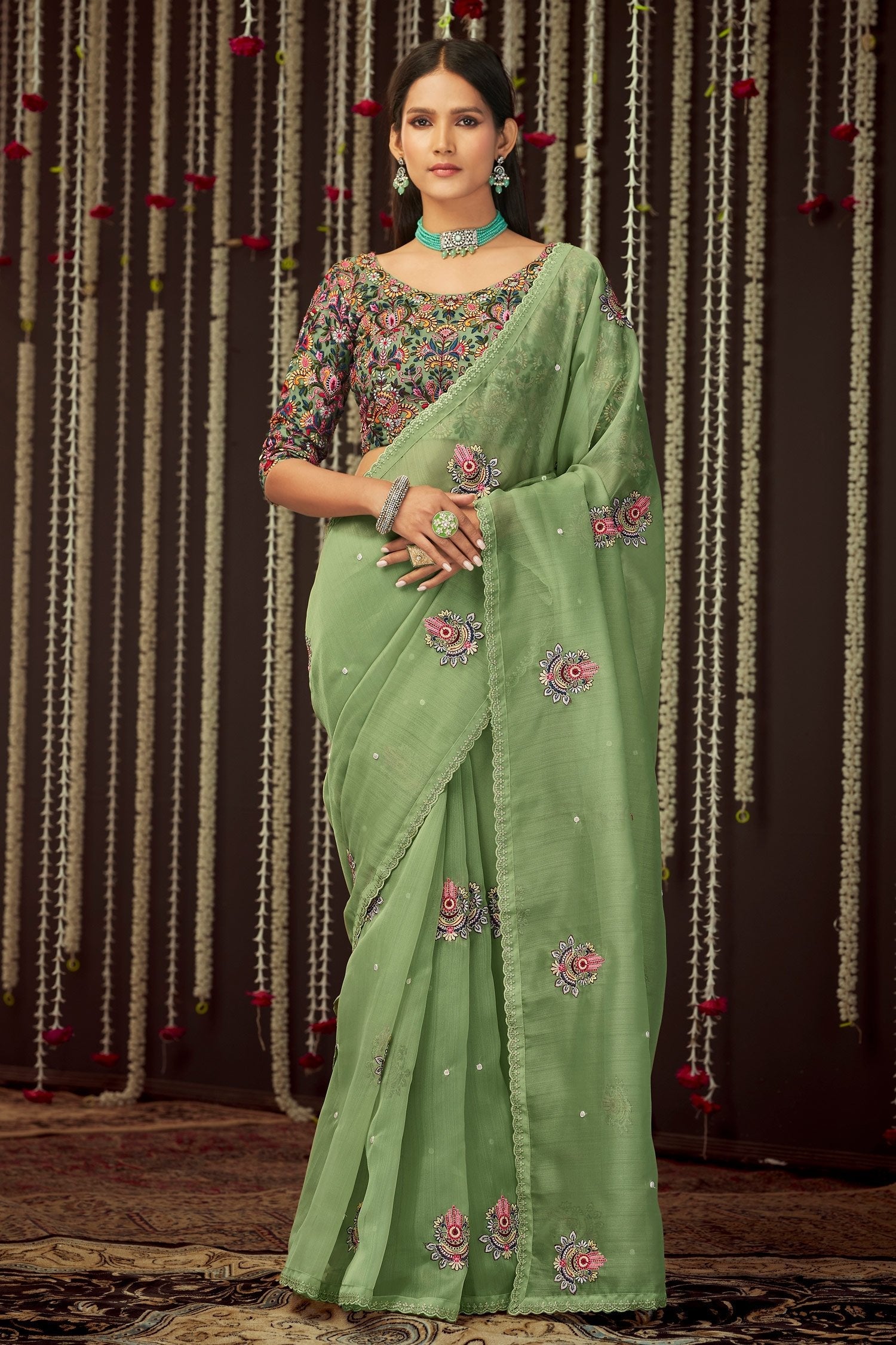 Green Smoke Organza Designer Silk Saree