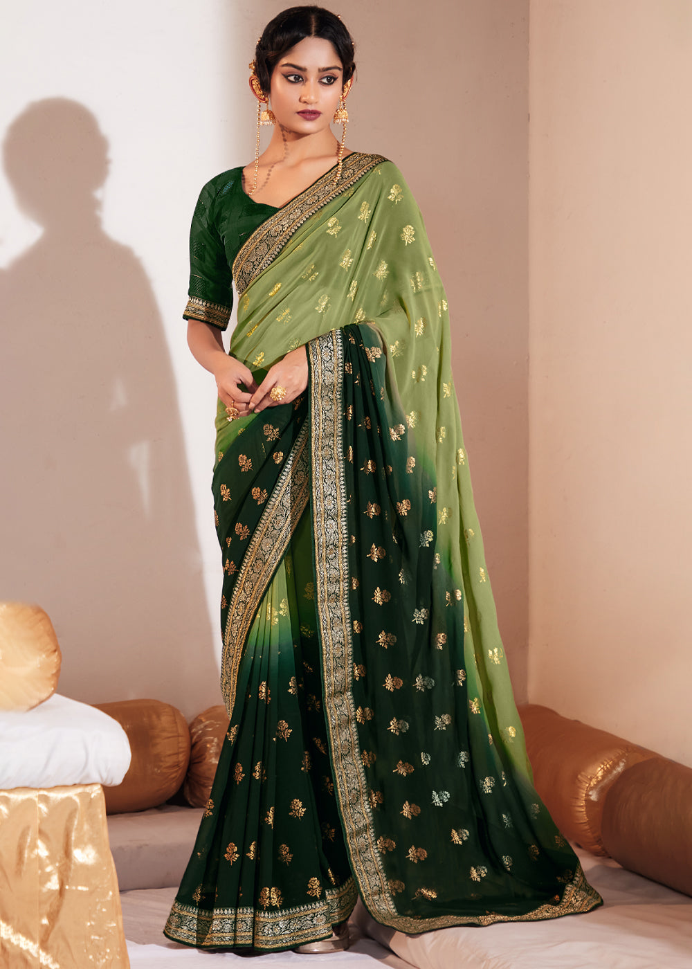 Barley Corn Green Woven Georgette Silk Saree