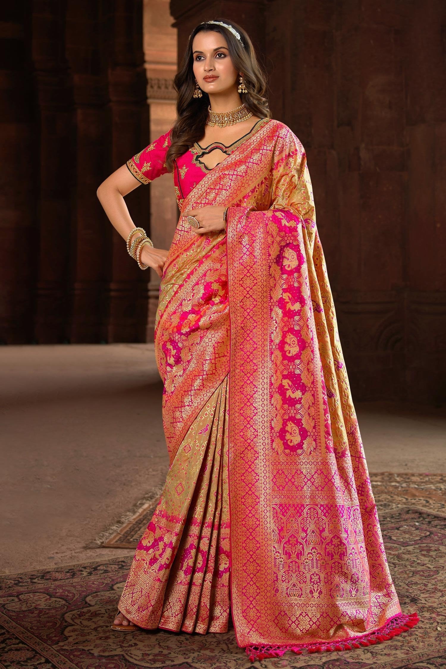 Driftwood Brown and Pink Designer Banarasi Woven Silk Saree