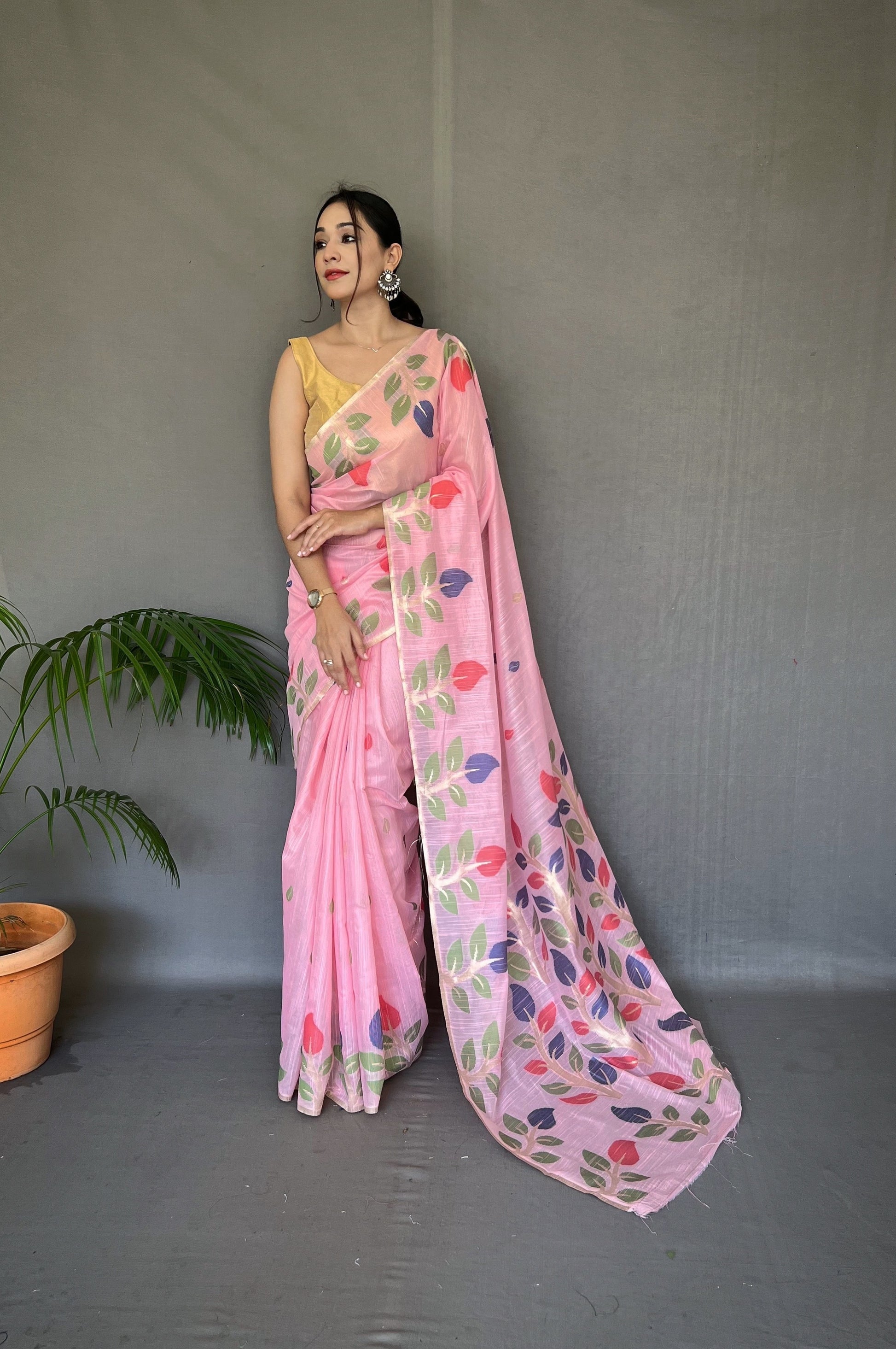 Pastel Pink Woven Cotton Jamdani Silk Saree