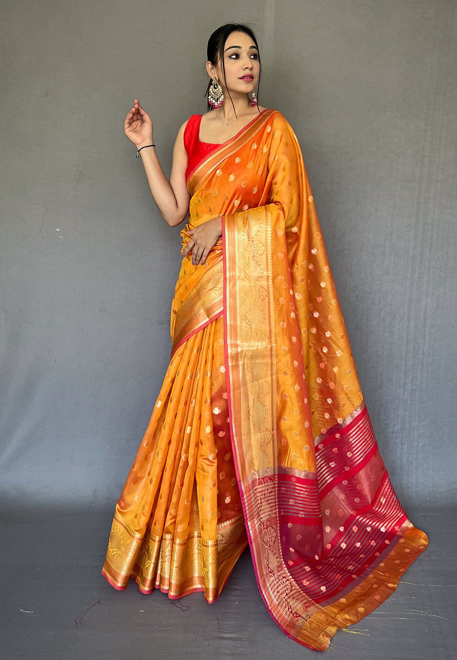 Crusta Orange Zari Woven Organza Silk Saree