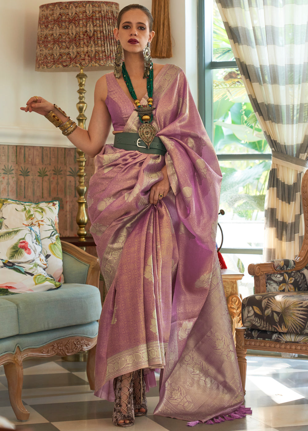 Old Rose Purple Woven Banarasi Satin Tissue Silk Saree