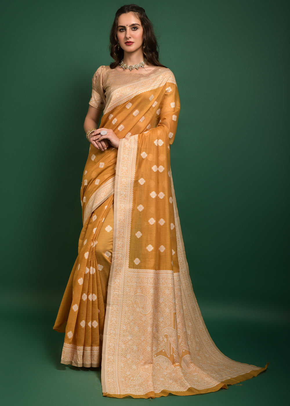 Goldenrod Yellow Chikankari Chanderi Cotton Woven Saree