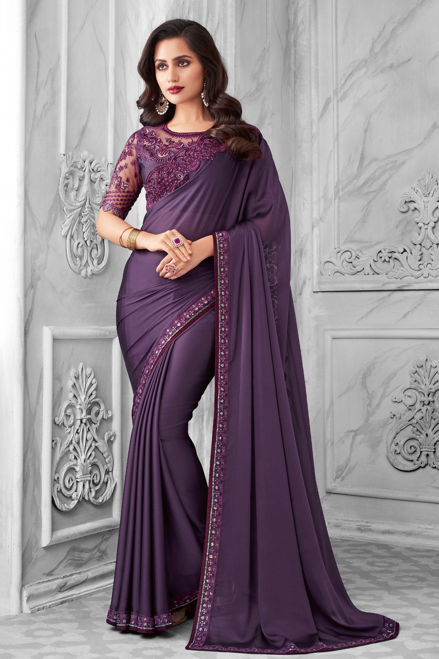 Mulled Wine Purple Two Tone Georgette Designer Silk Saree