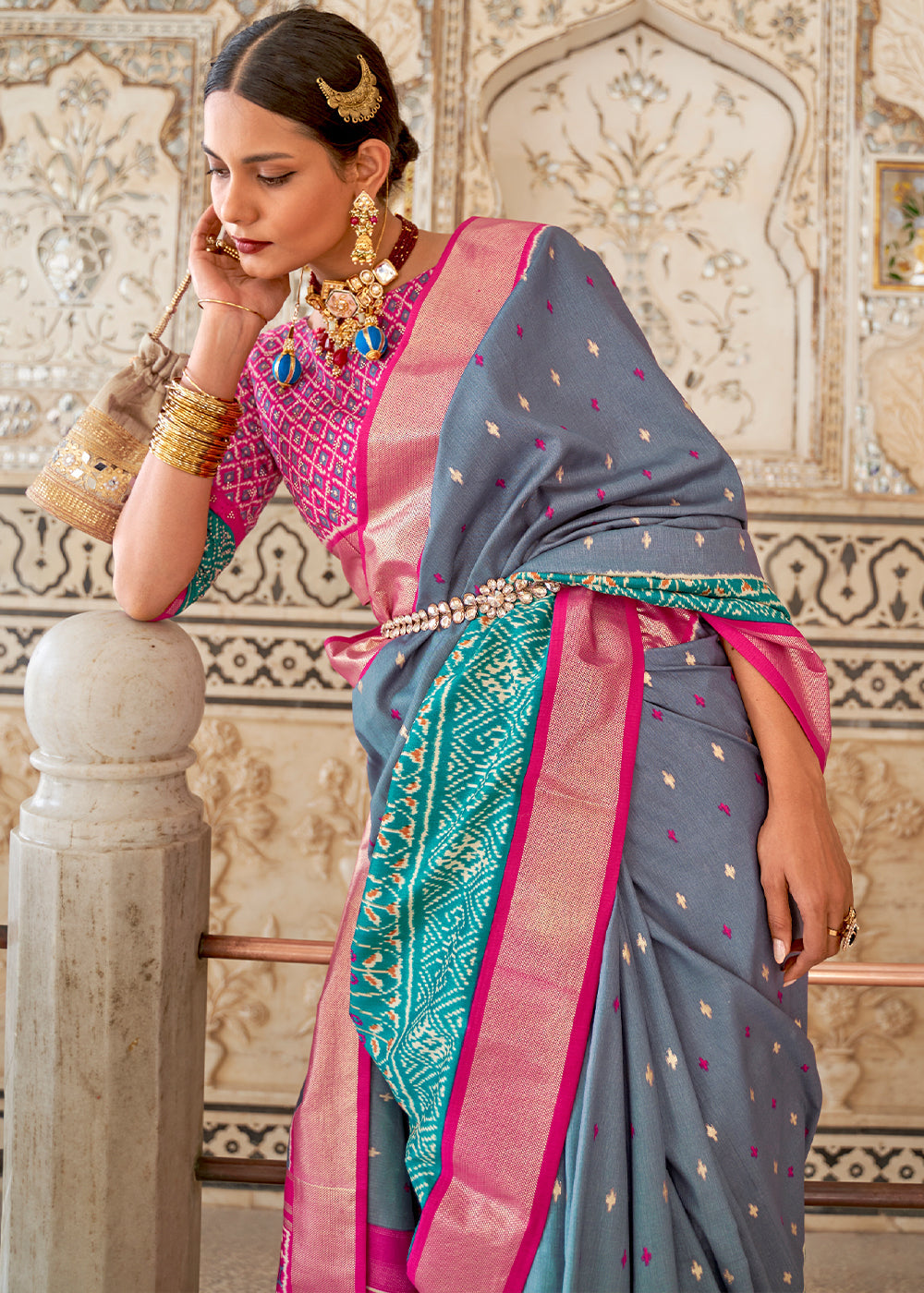 Waterloo Blue and Pink Cotton Patola Printed Saree