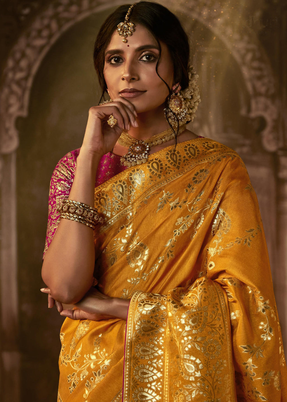 Reno Sand Yellow Woven Designer Banarasi Silk Saree