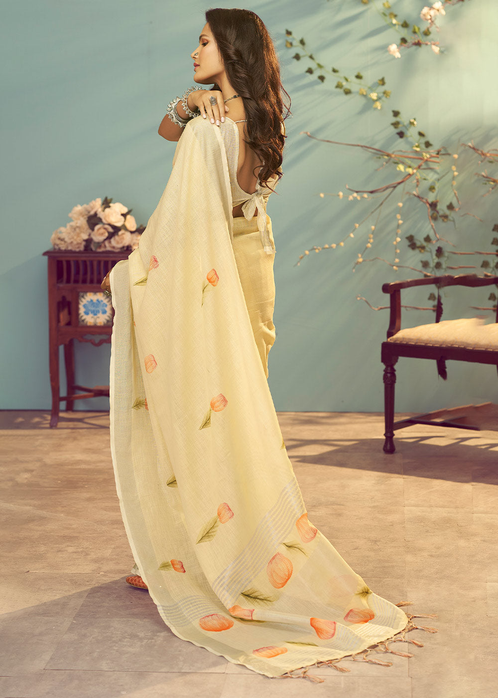 Primrose Yellow Soft Linen Silk Floral Printed Saree