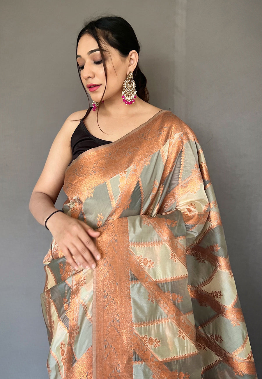 Clay Creek Grey Copper Zari Woven Organza Saree