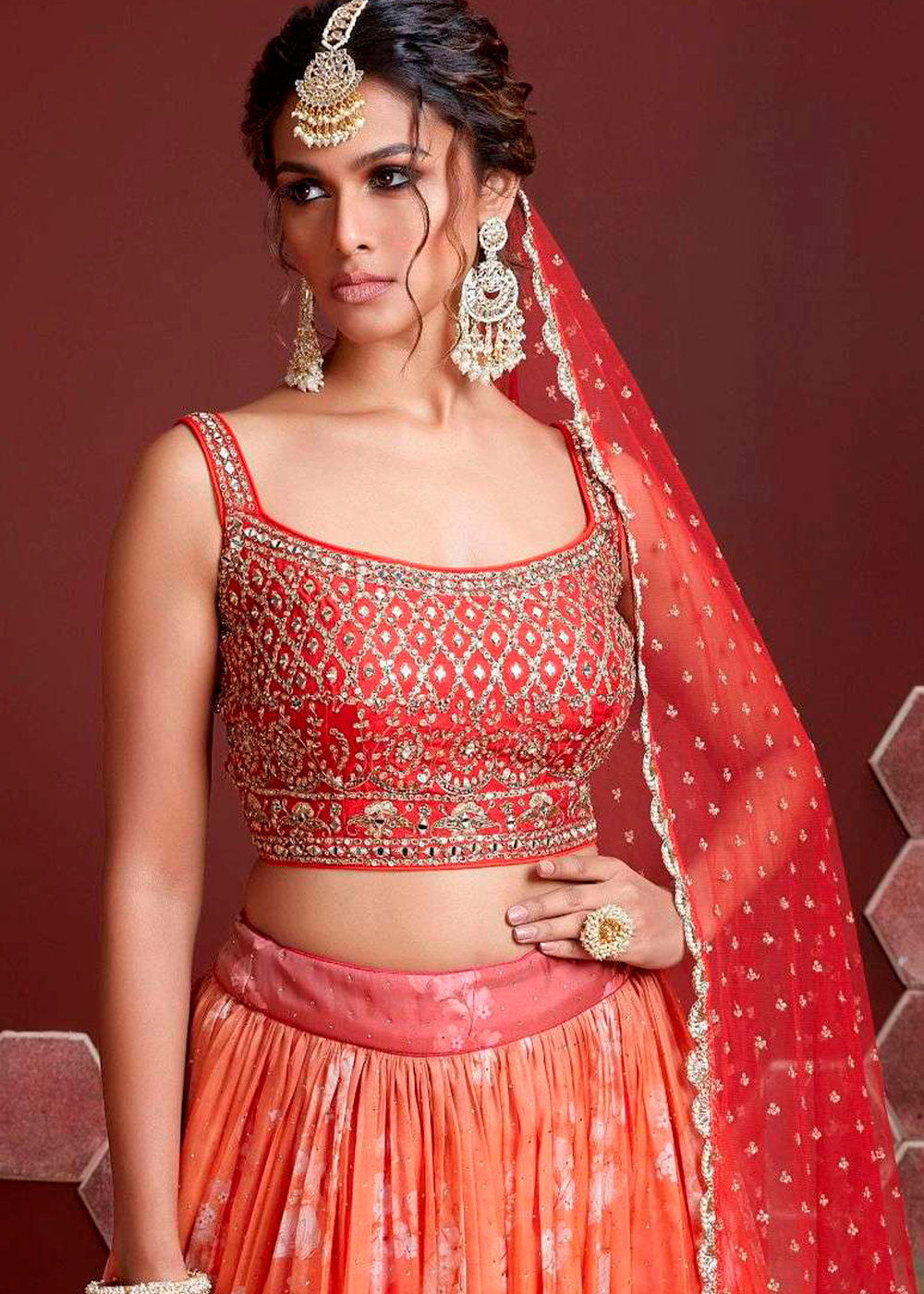 Punch Red Printed Organza Silk Lehenga Choli