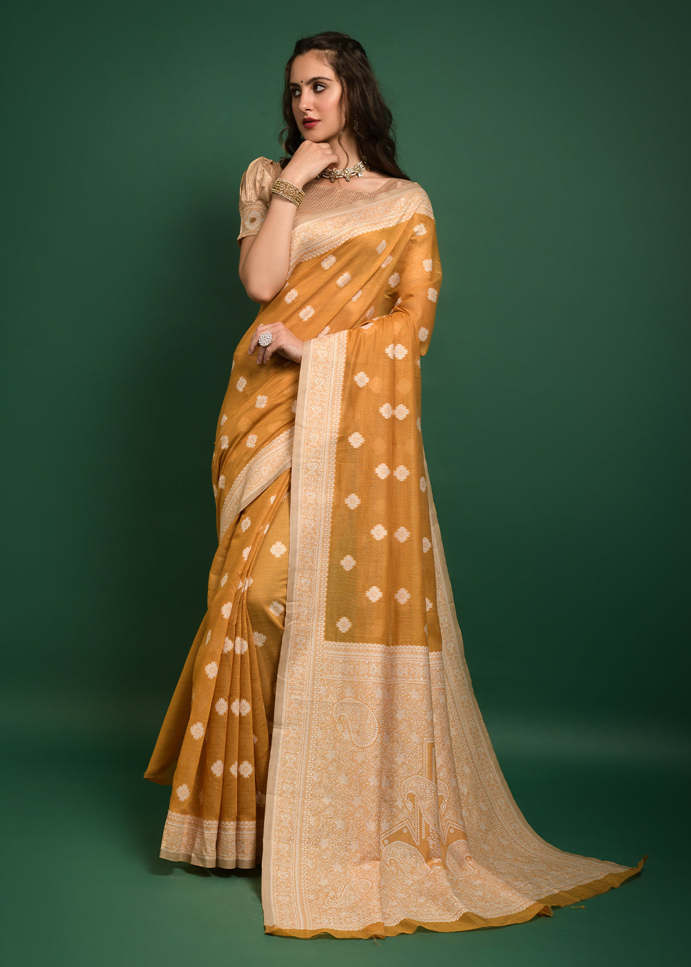 Goldenrod Yellow Chikankari Chanderi Cotton Woven Saree