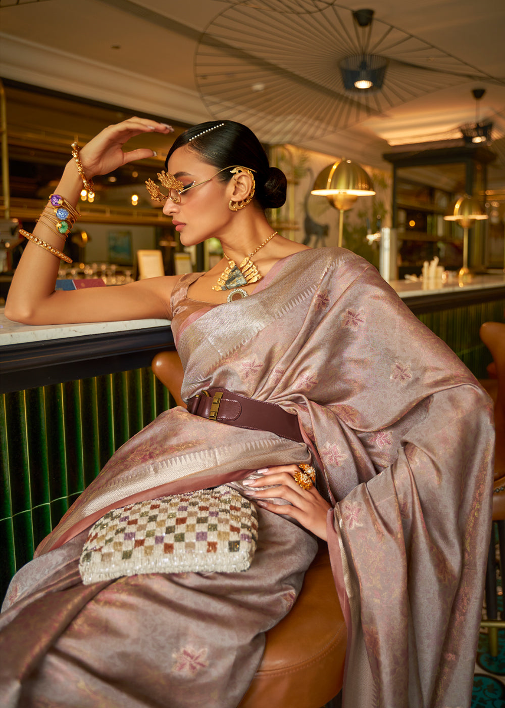 Orchid Brown Woven Organza Silk Saree