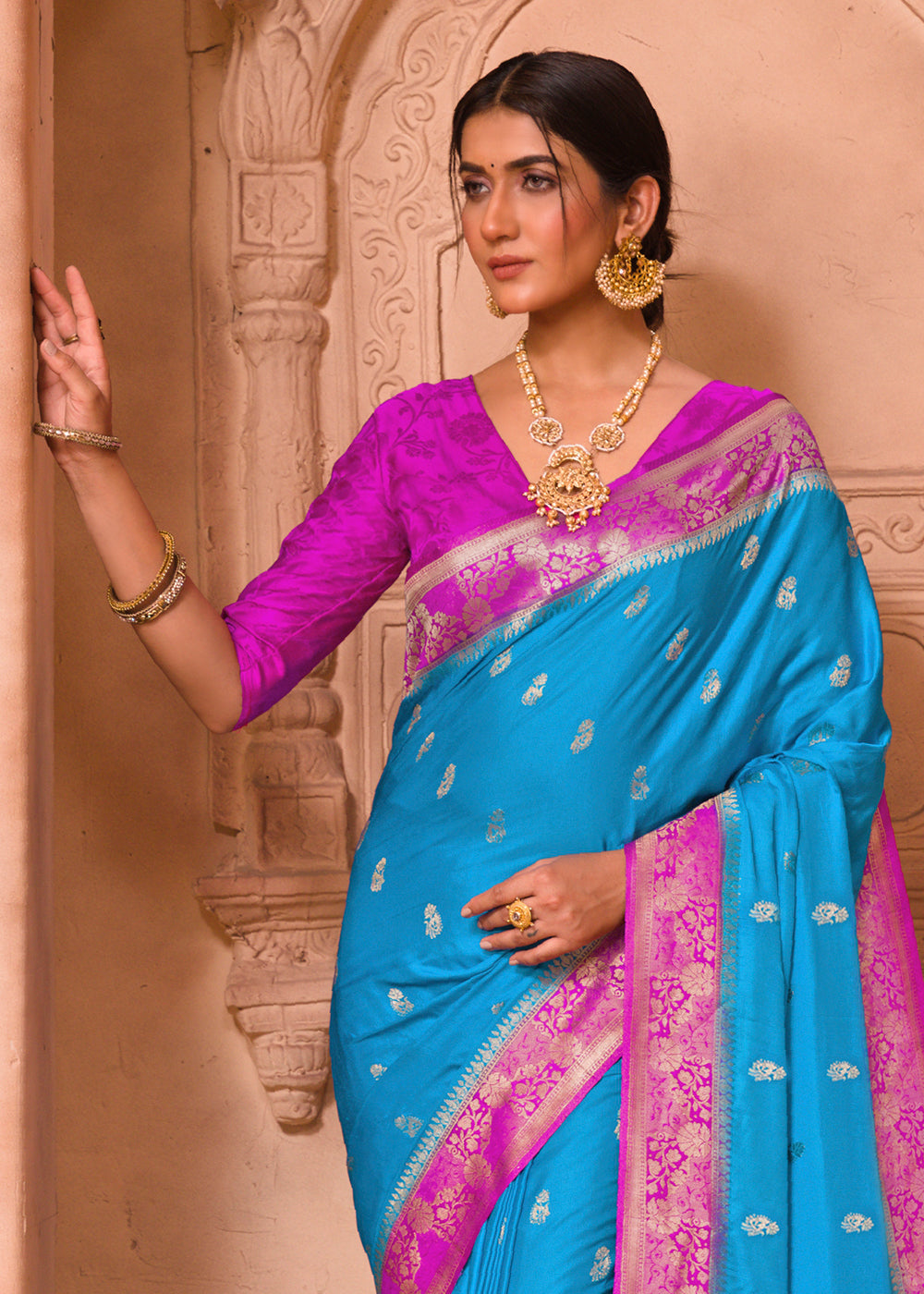 Cerulean Blue and Purple Banarasi Satin Silk Saree