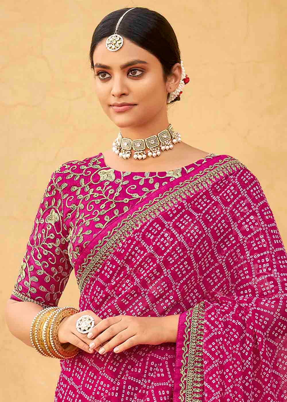 Mystic Pink Georgette Leheriya Printed Saree with Embroidered Blouse