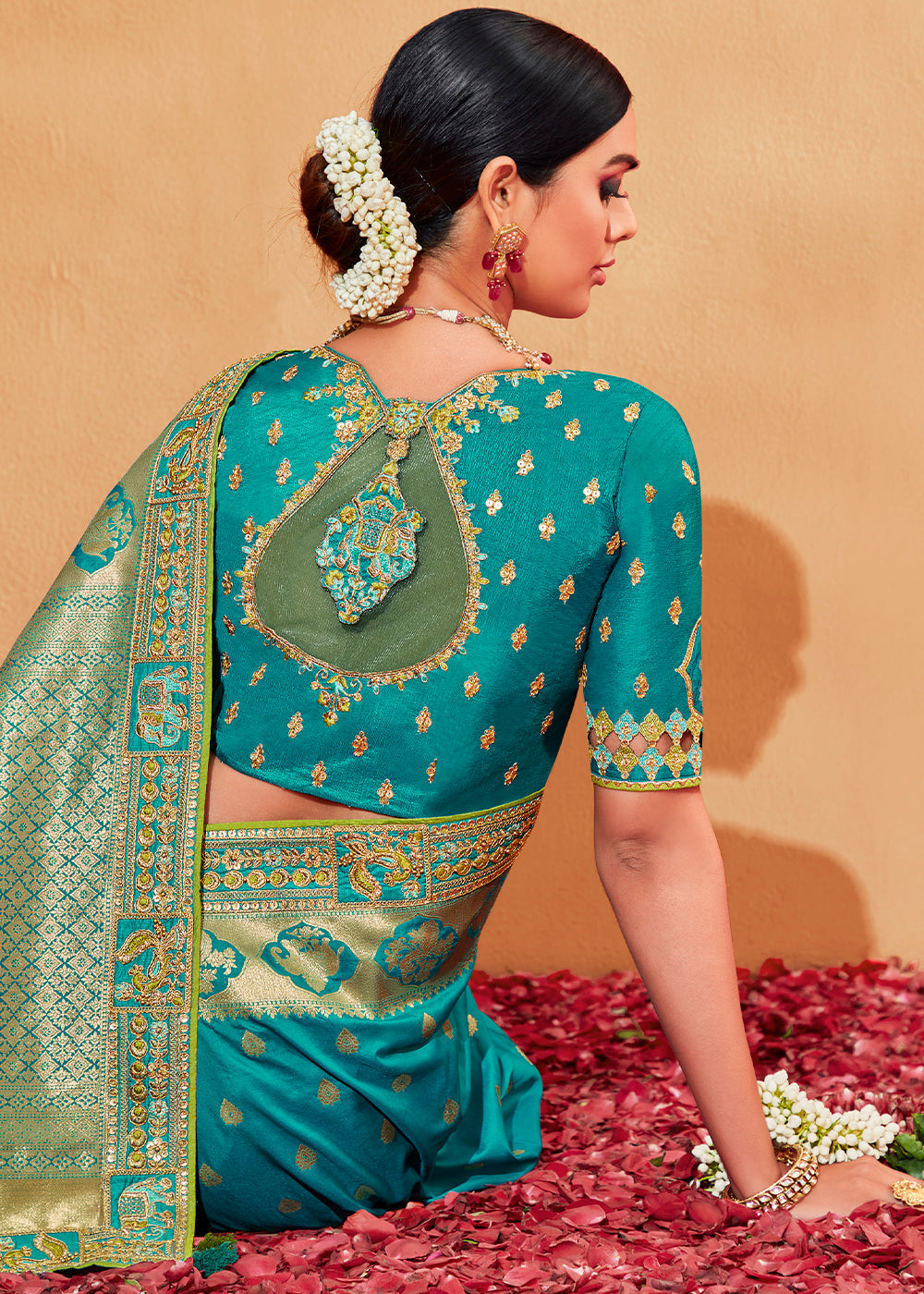 Persian Green and Blue Embroidered Banarasi Silk Saree