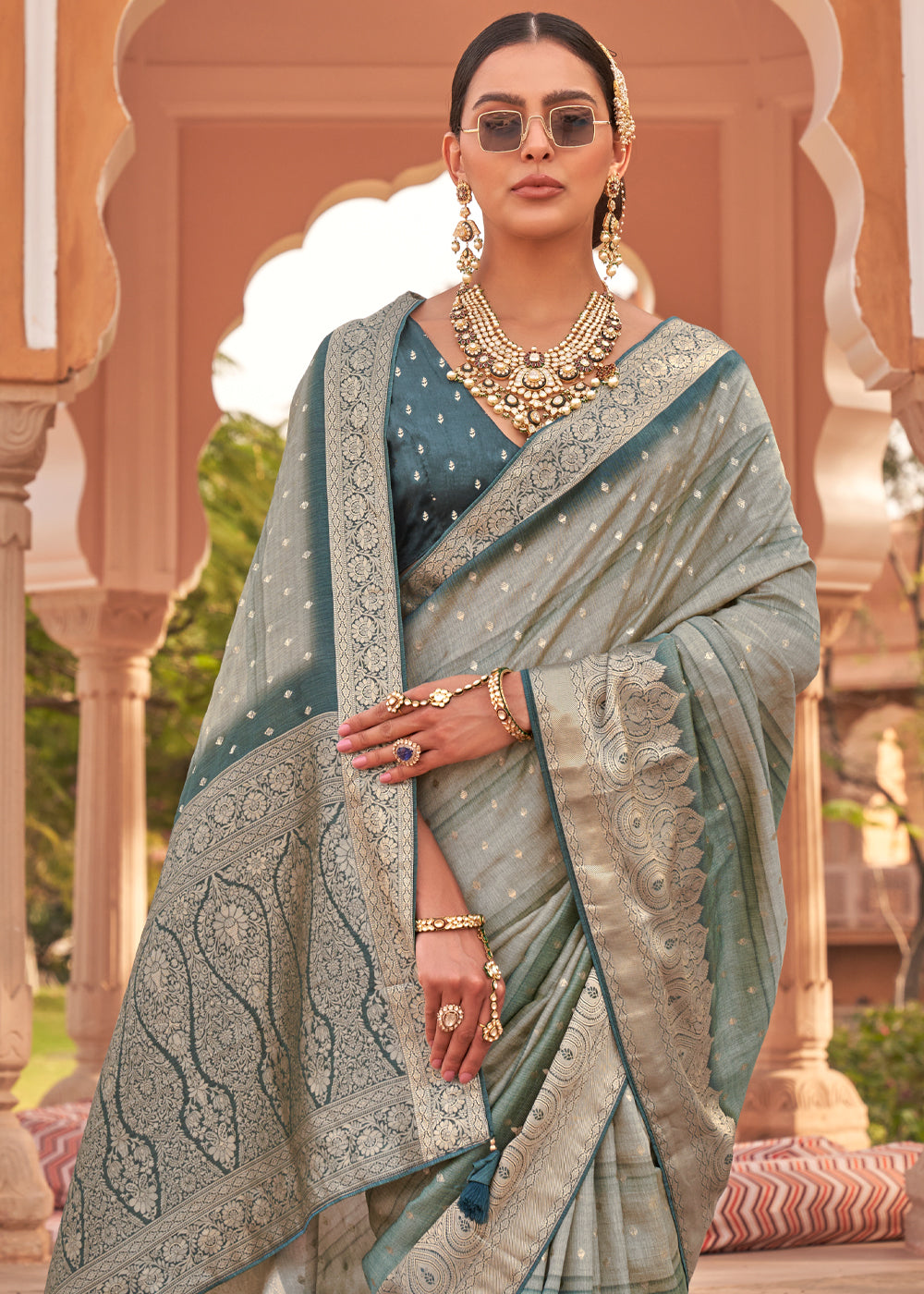 Juniper Blue Woven Soft Textured Printed Silk Saree