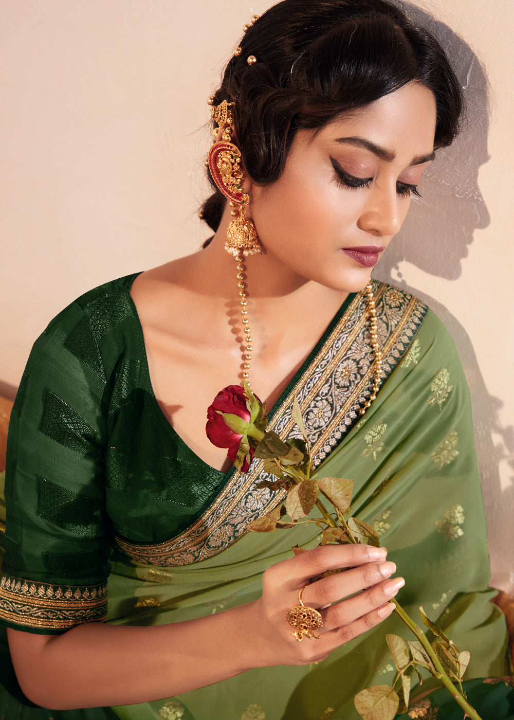 Barley Corn Green Woven Georgette Silk Saree