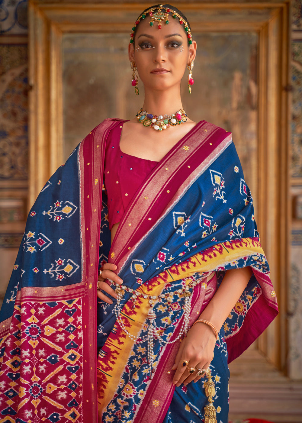 San Marino Blue and Pink Woven Patola Silk Saree