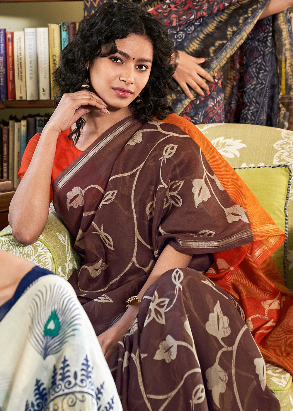 Crater Brown and Orange Cotton Linen Batik Printed Saree