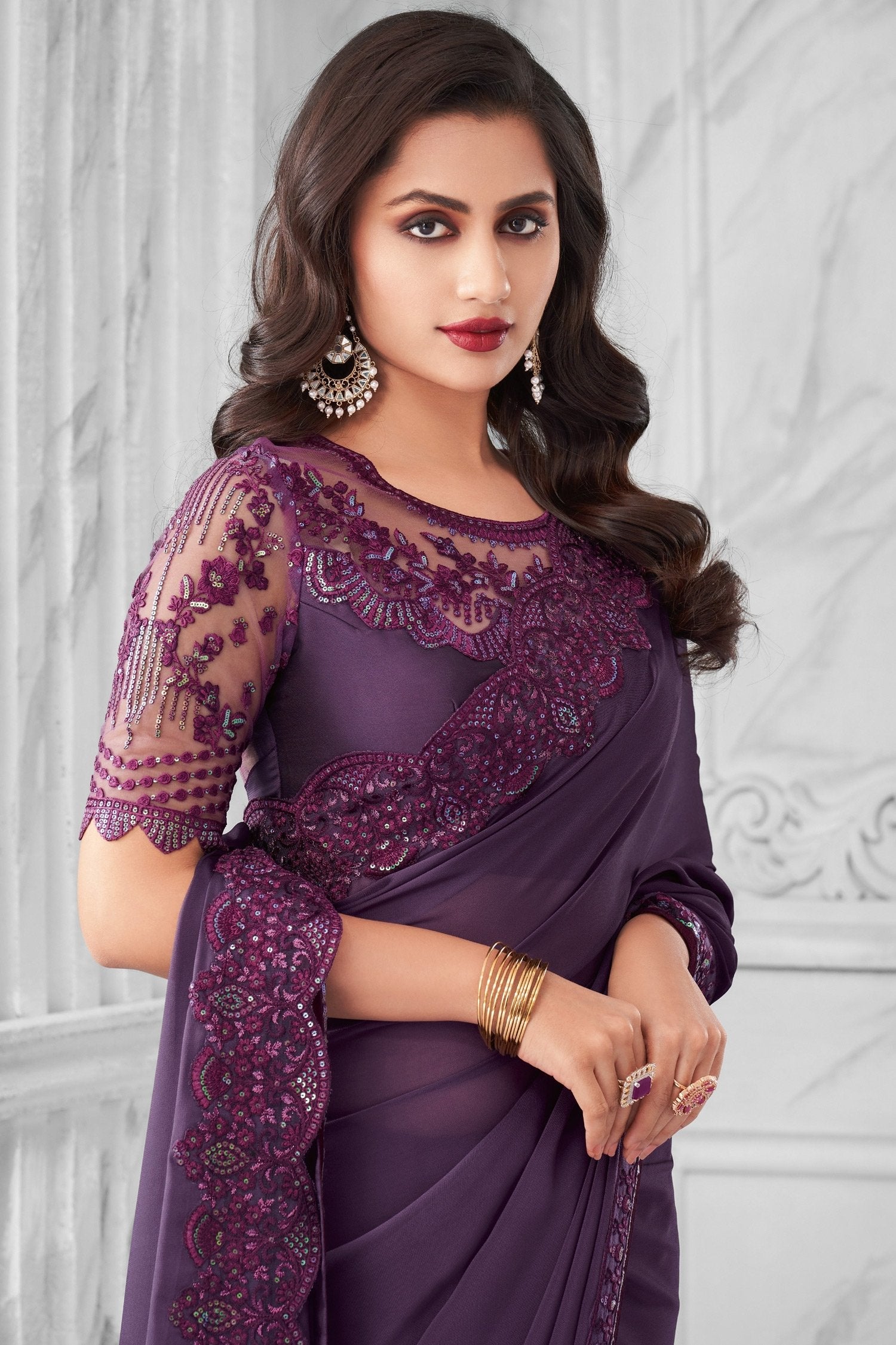 Mulled Wine Purple Two Tone Georgette Designer Silk Saree