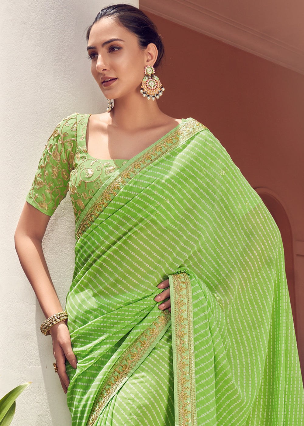 Celery Green Lehriya Print Georgette Saree With Embroidered Blouse