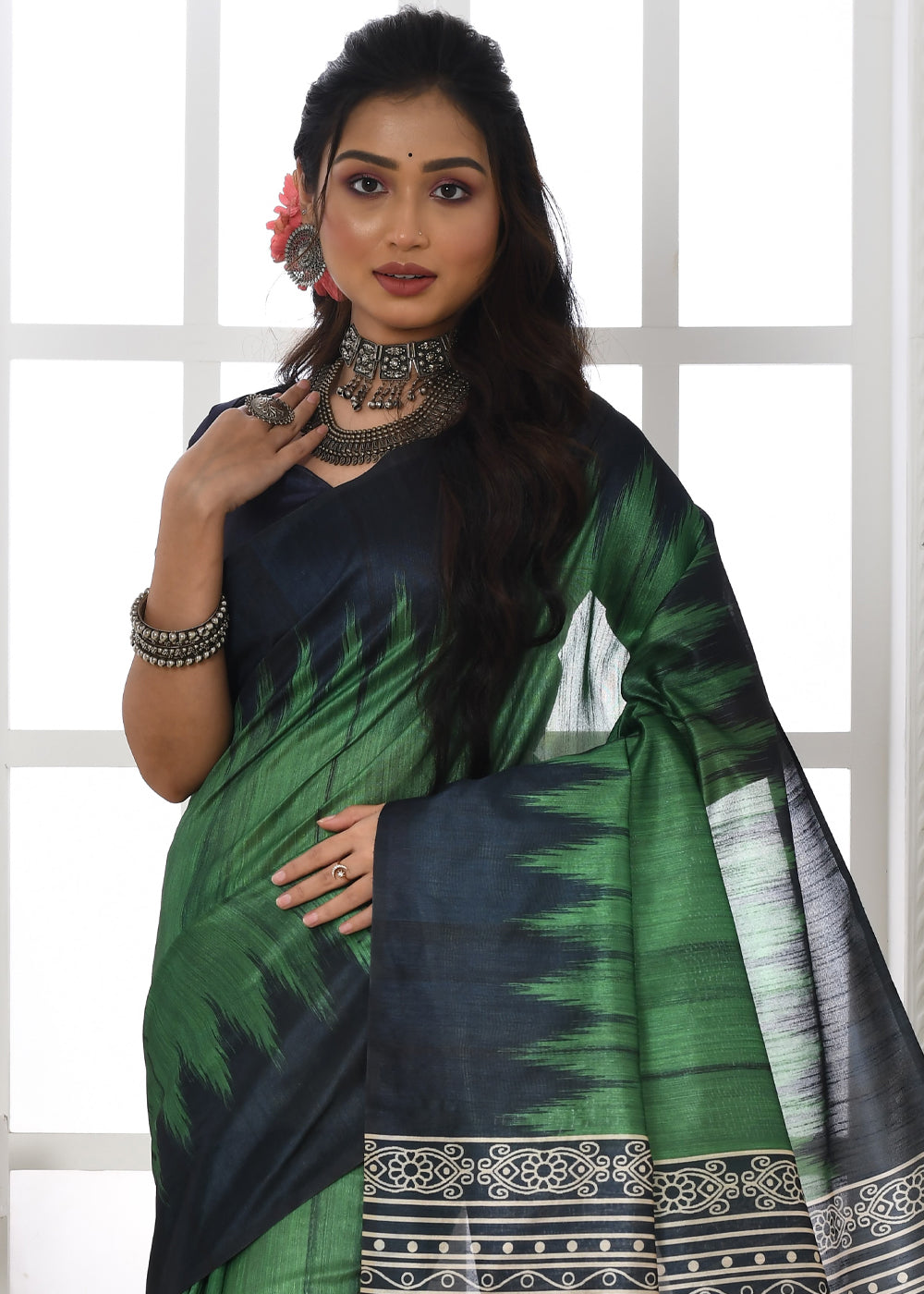 Axolotl Green Woven Tussar Ikkat Silk Saree