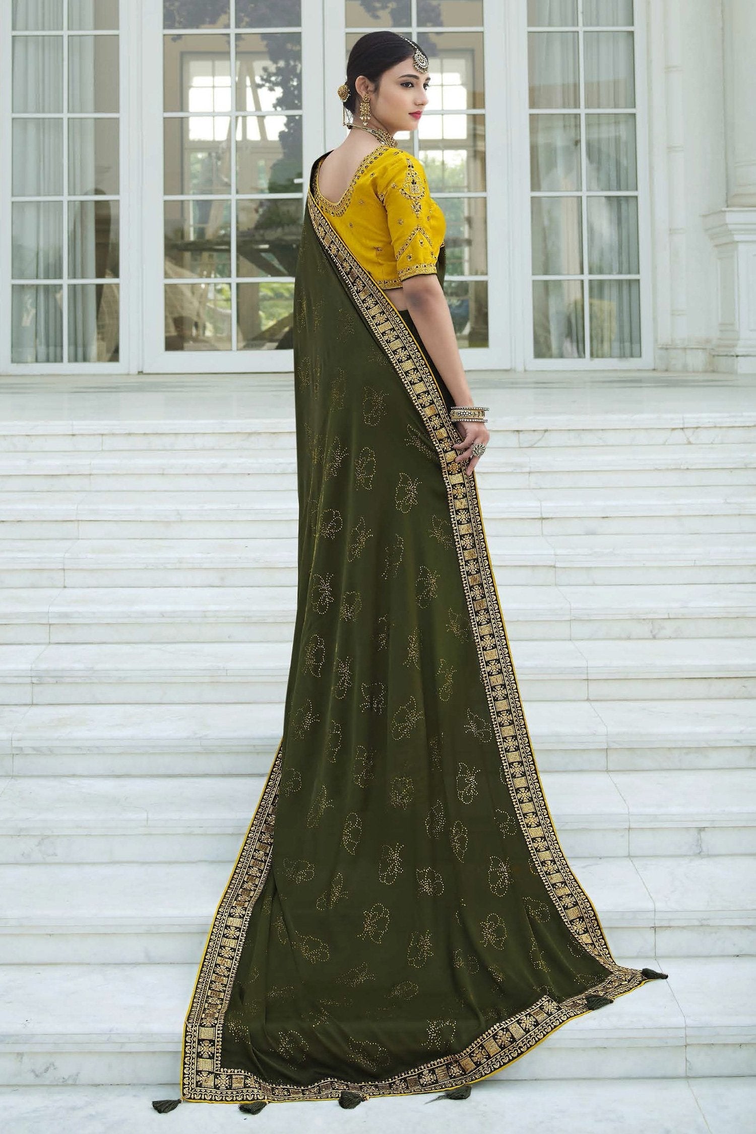 Birch Green and Yellow Chiffon Stone Work Saree