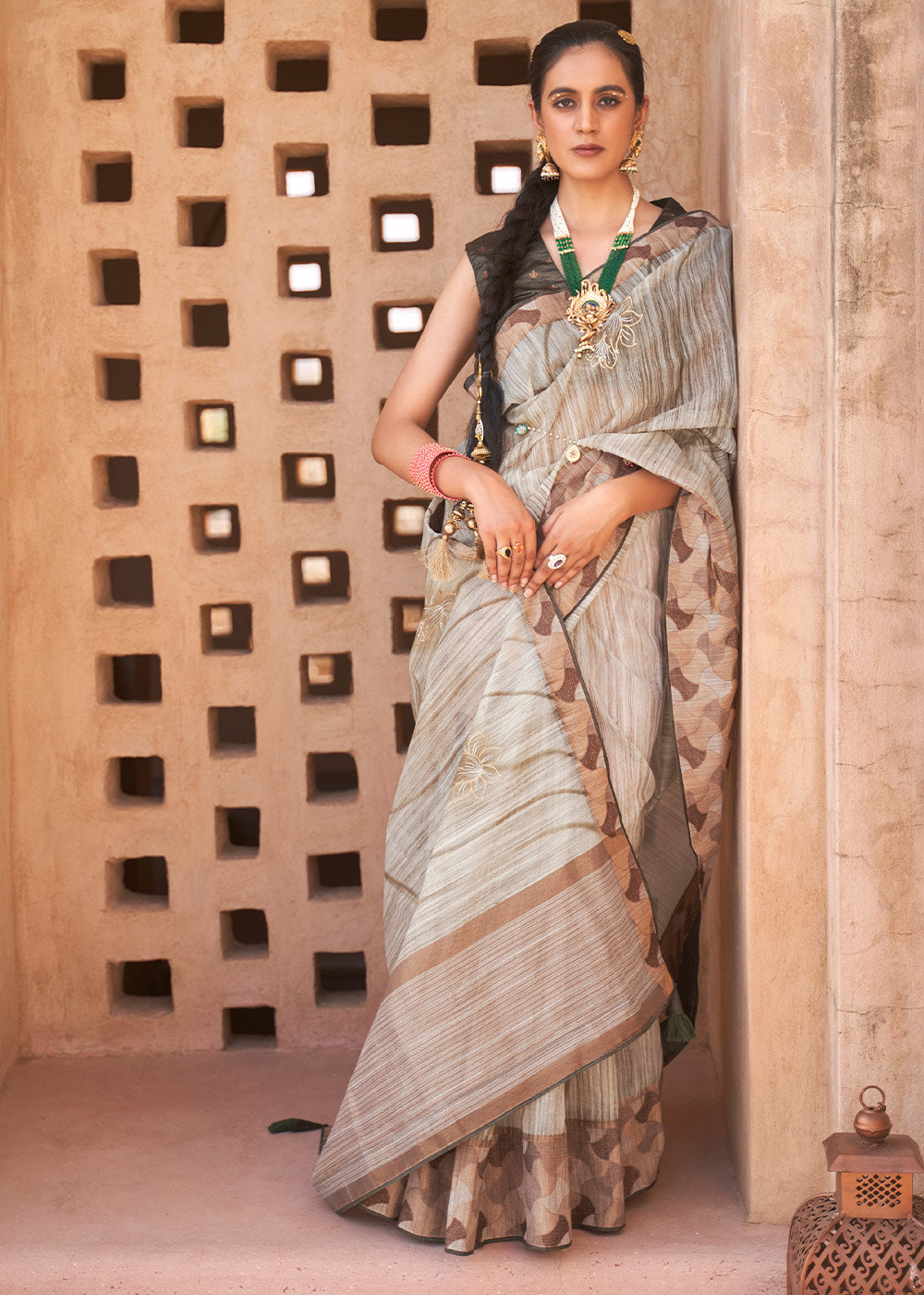 Bone Brown Printed Kora Silk Saree