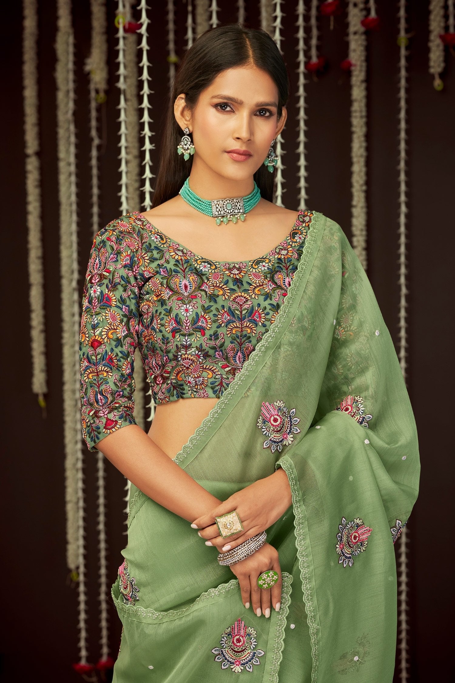 Green Smoke Organza Designer Silk Saree