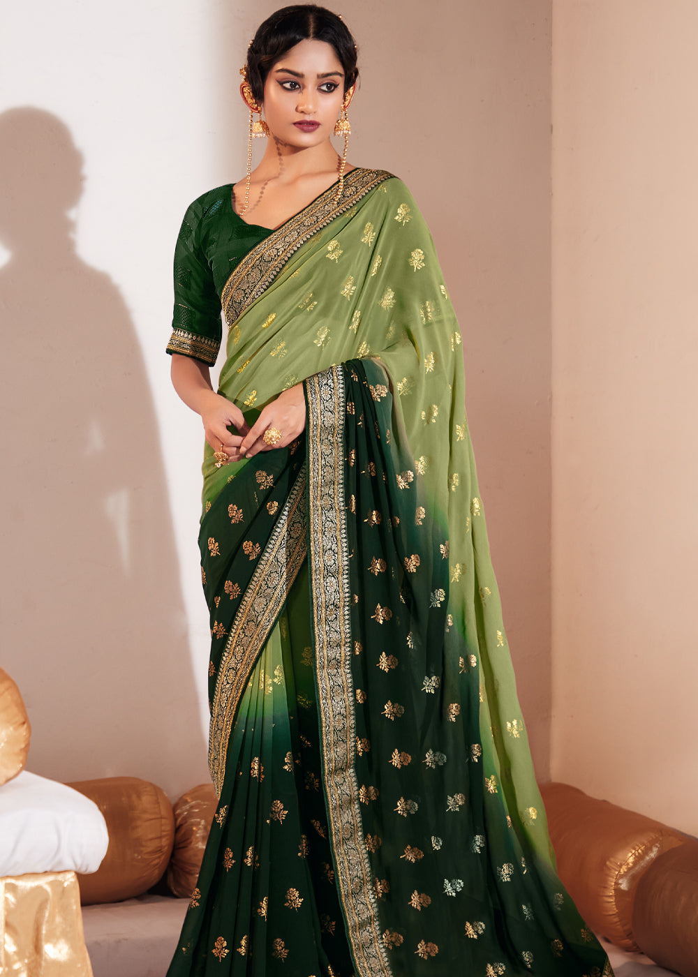 Barley Corn Green Woven Georgette Silk Saree