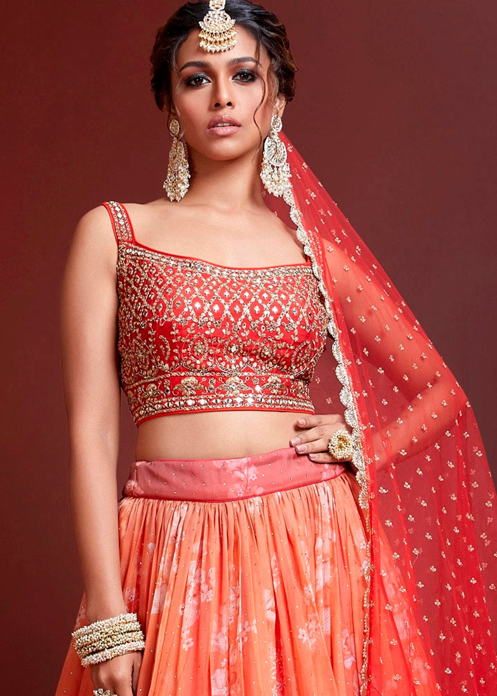 Punch Red Printed Organza Silk Lehenga Choli