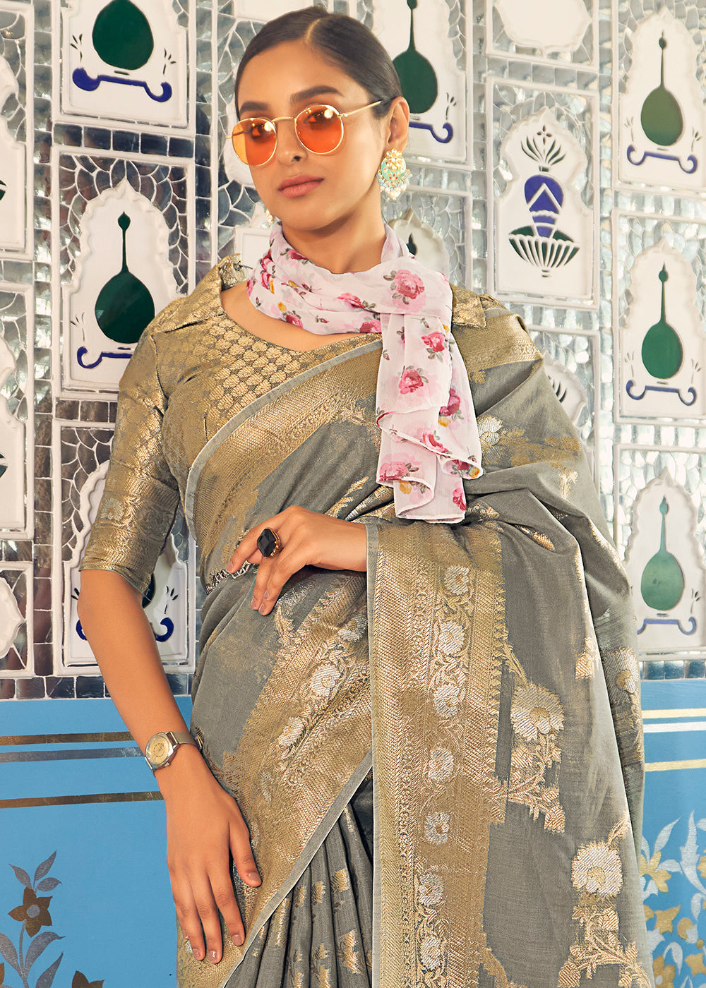 Olive Haze Grey Zari Woven Linen Silk Saree