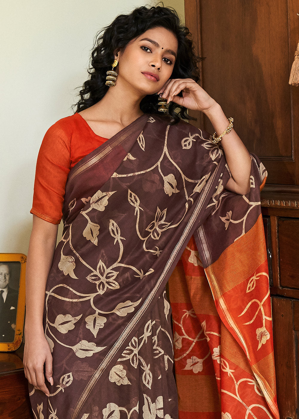 Crater Brown and Orange Cotton Linen Batik Printed Saree