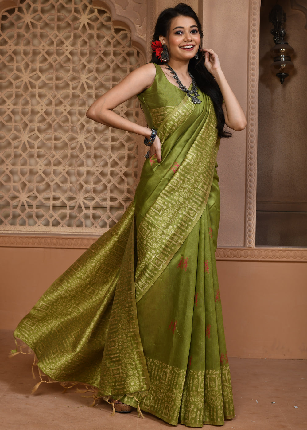 Crete Green Woven Textured Cotton Silk Saree