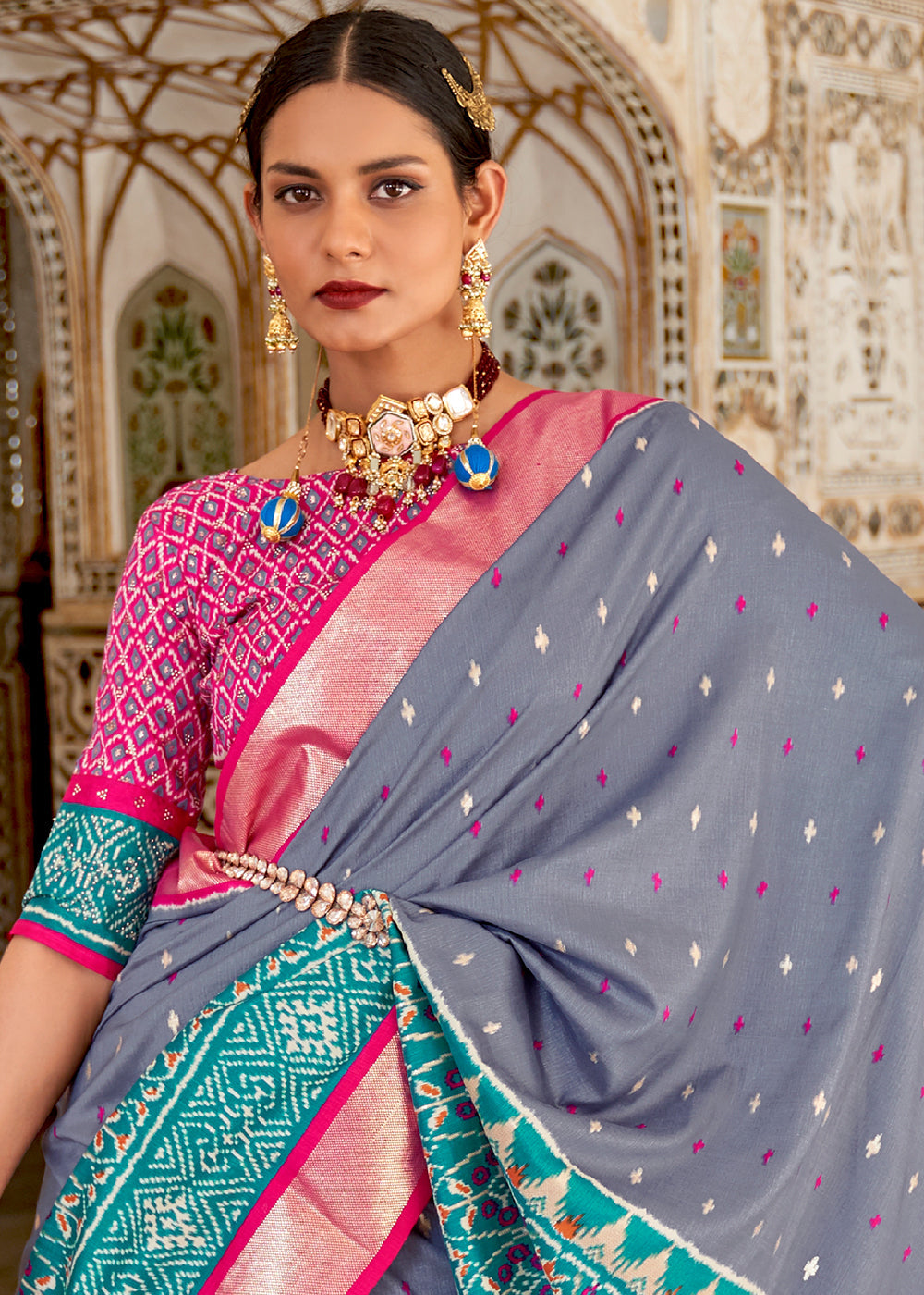 Waterloo Blue and Pink Cotton Patola Printed Saree