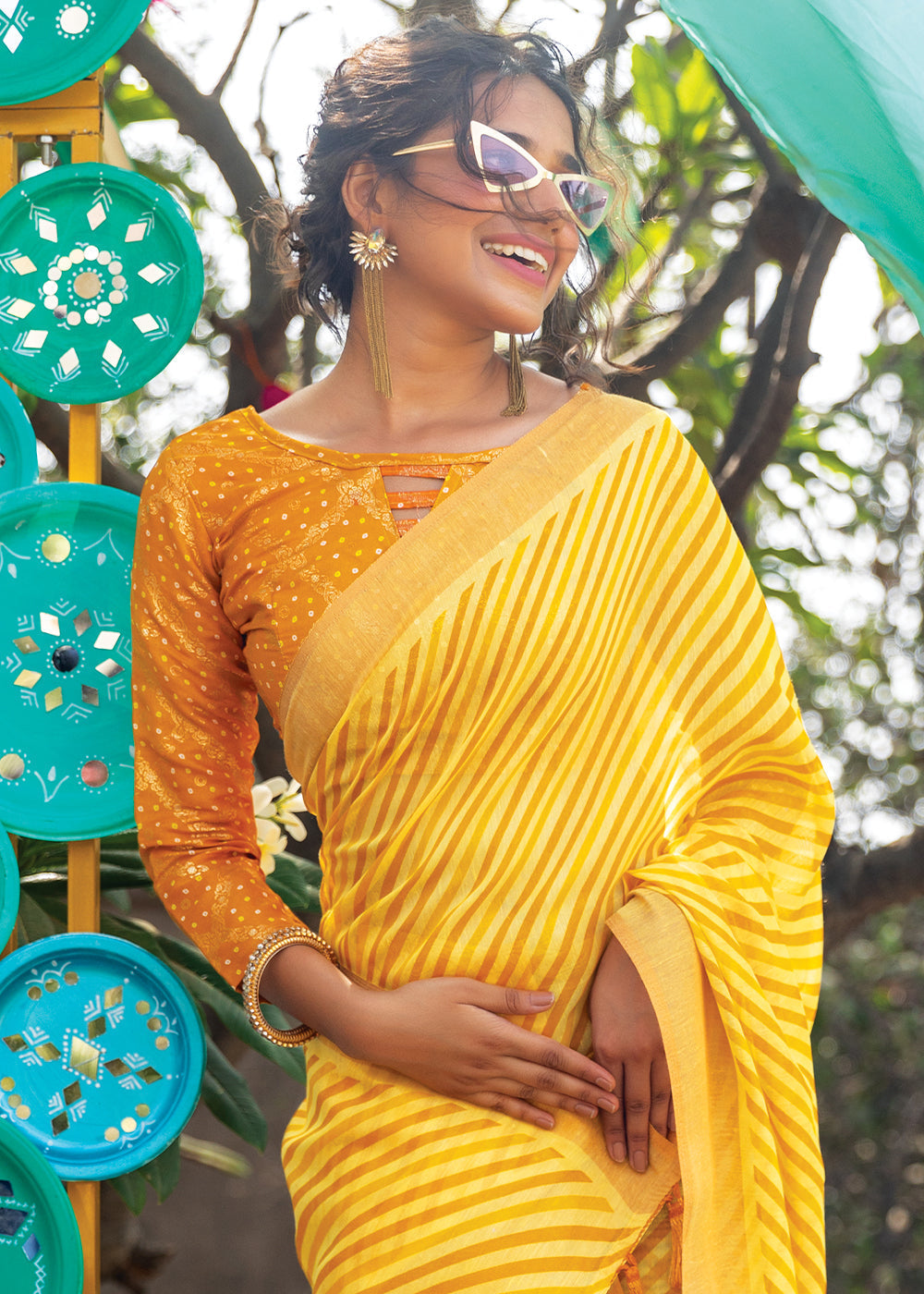 Saffron Yellow Cotton Saree With Leheriya Print