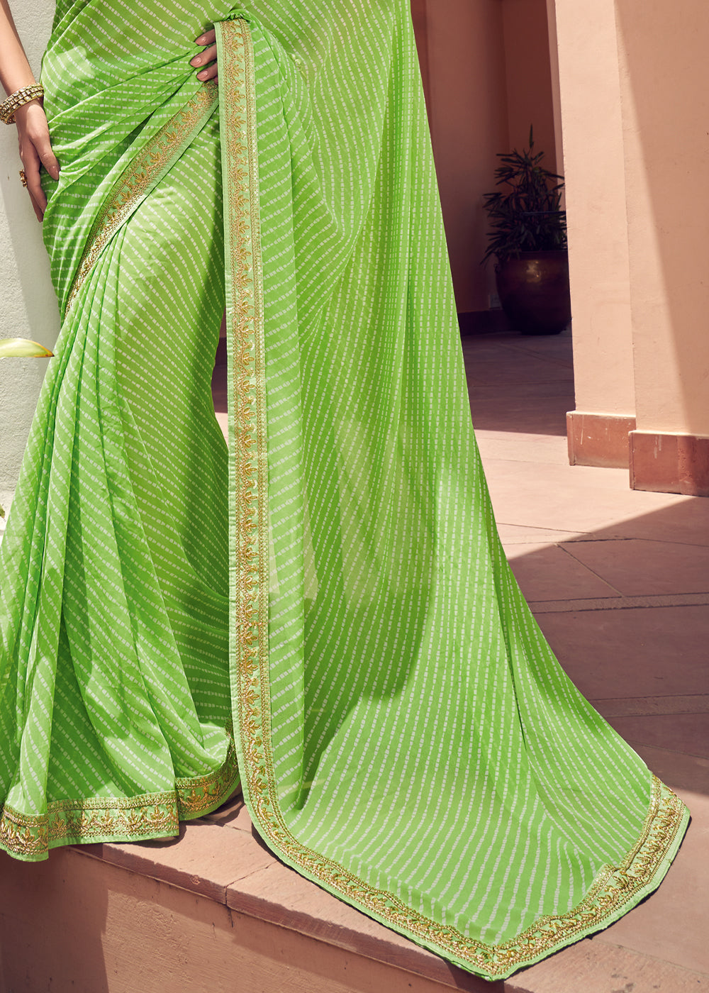 Celery Green Lehriya Print Georgette Saree With Embroidered Blouse