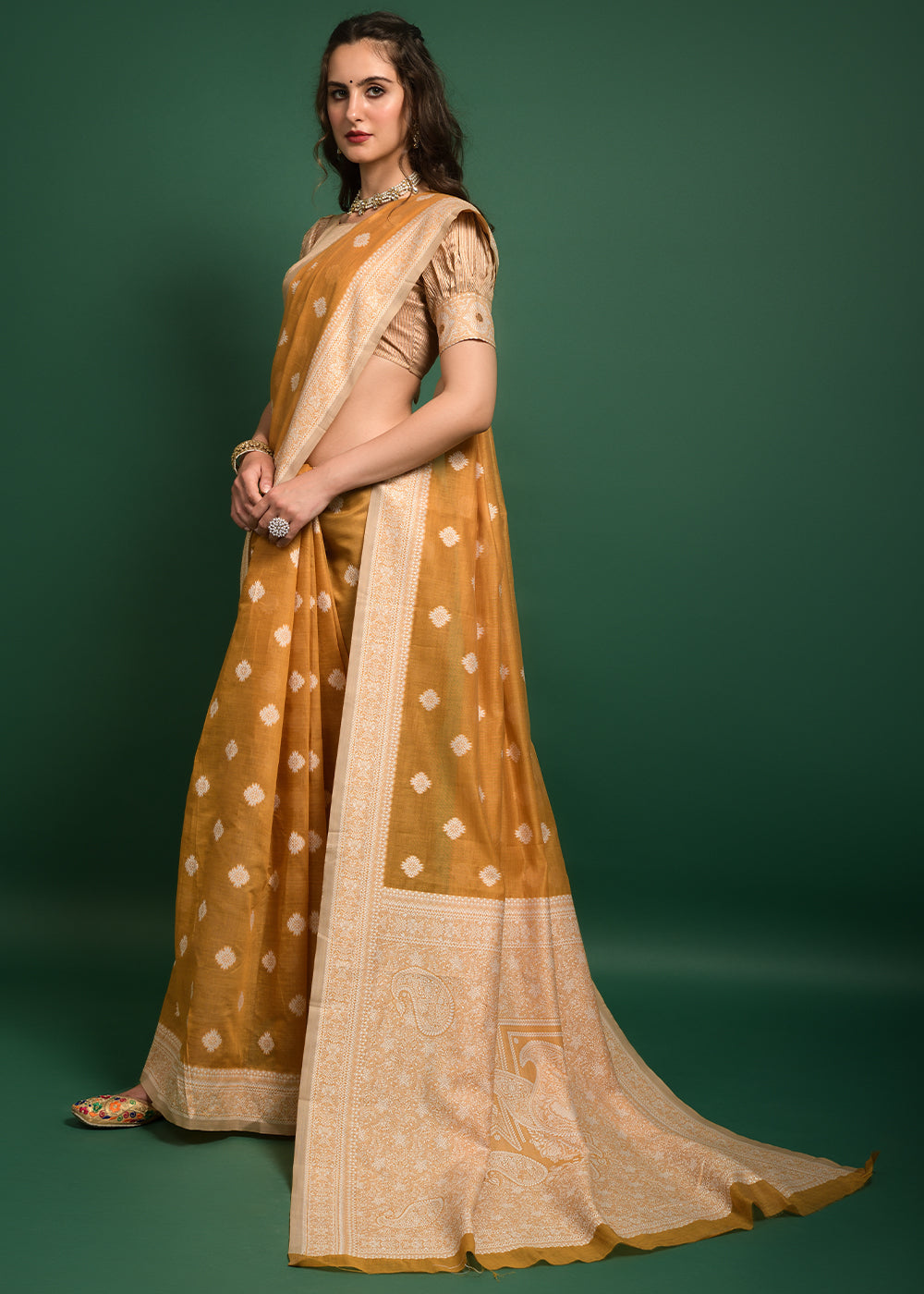 Goldenrod Yellow Chikankari Chanderi Cotton Woven Saree