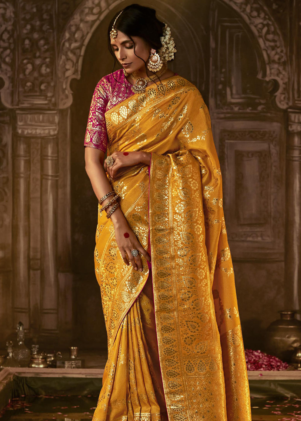 Reno Sand Yellow Woven Designer Banarasi Silk Saree