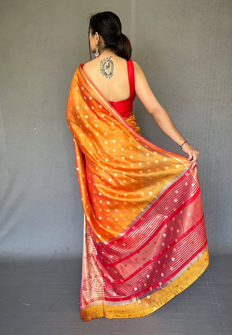 Crusta Orange Zari Woven Organza Silk Saree