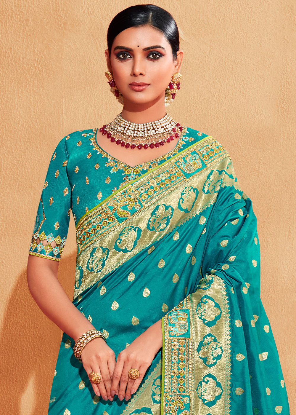 Persian Green and Blue Embroidered Banarasi Silk Saree