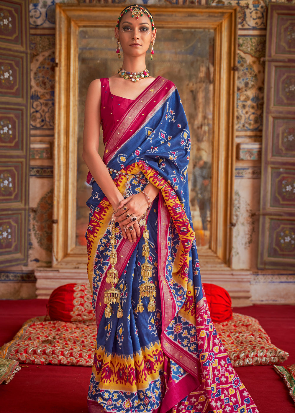 San Marino Blue and Pink Woven Patola Silk Saree