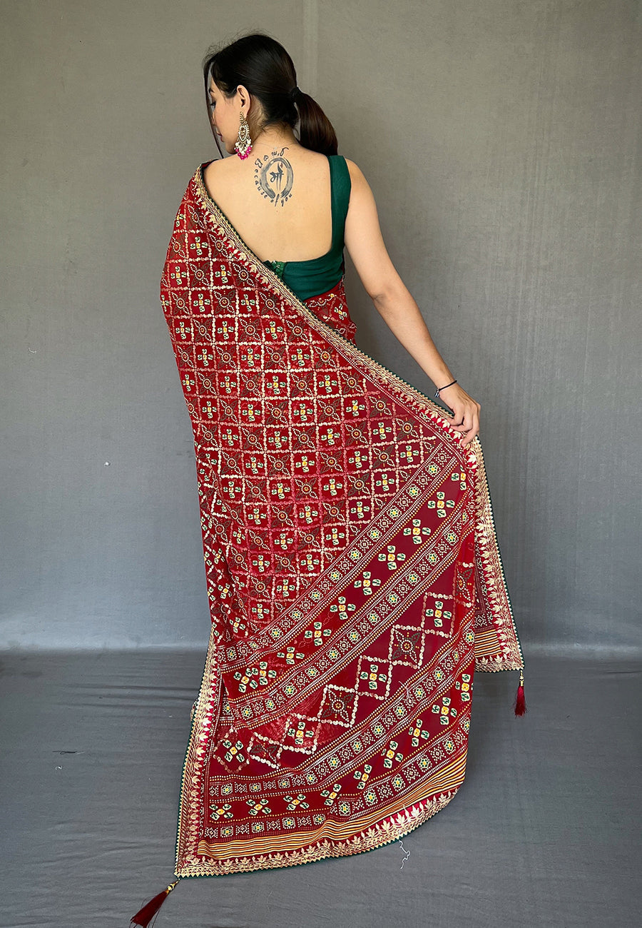 Copper Rust Maroon Embroidered Georgette Bandhani Saree